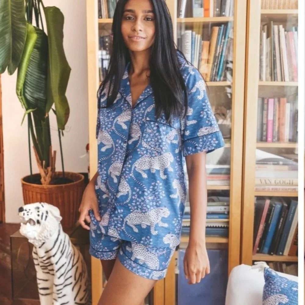 Printfresh Bagheera Short Sleep Shirt Blue Leopard Cotton Pajamas Medium NWT